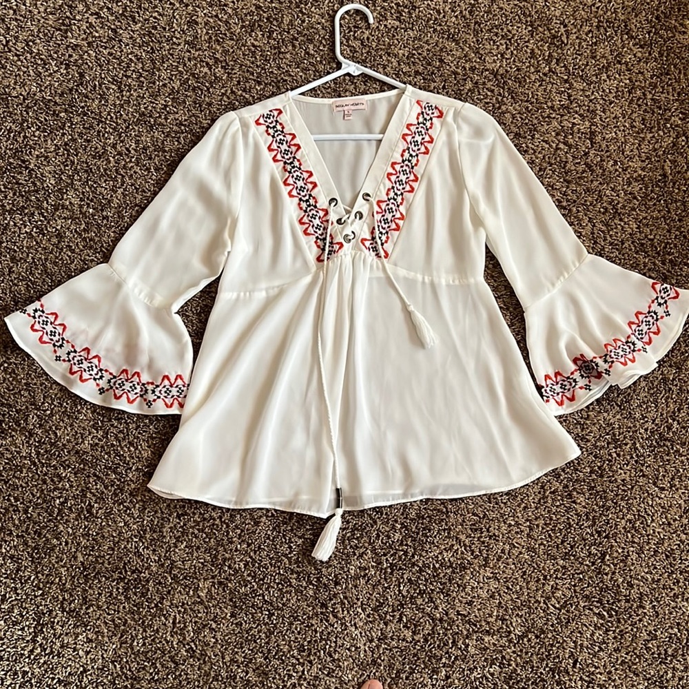 Sequin hearts, small cream blouse with orange accents